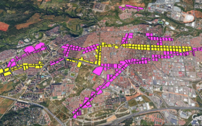 En groc, els nous eixos cívics i en lila els actuals eixos comercials de Sabadell | Junts per Sabadell